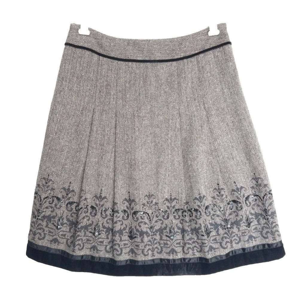 Loft Herringbone Sequins Velvet Trim Wool Blend Embroidered Skirt Womens 10 L - Picture 2 of 16